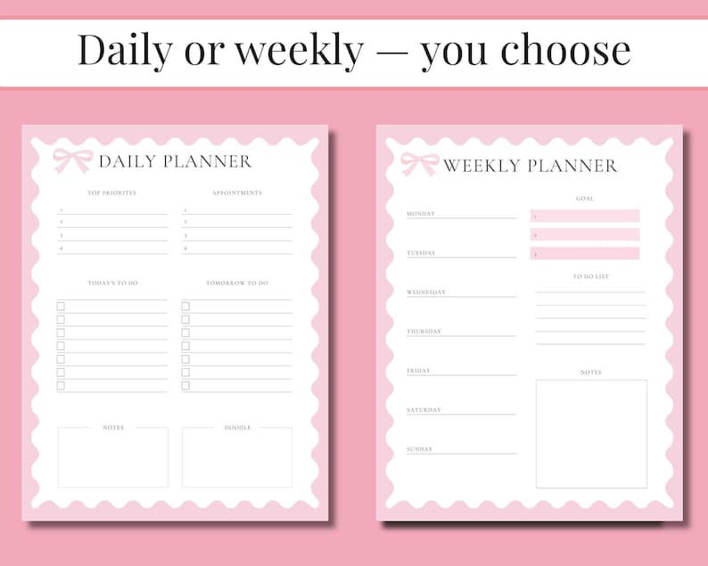 Pink Coquette Bow Planner Printable Bundle Daily, Weekly, Monthly ...