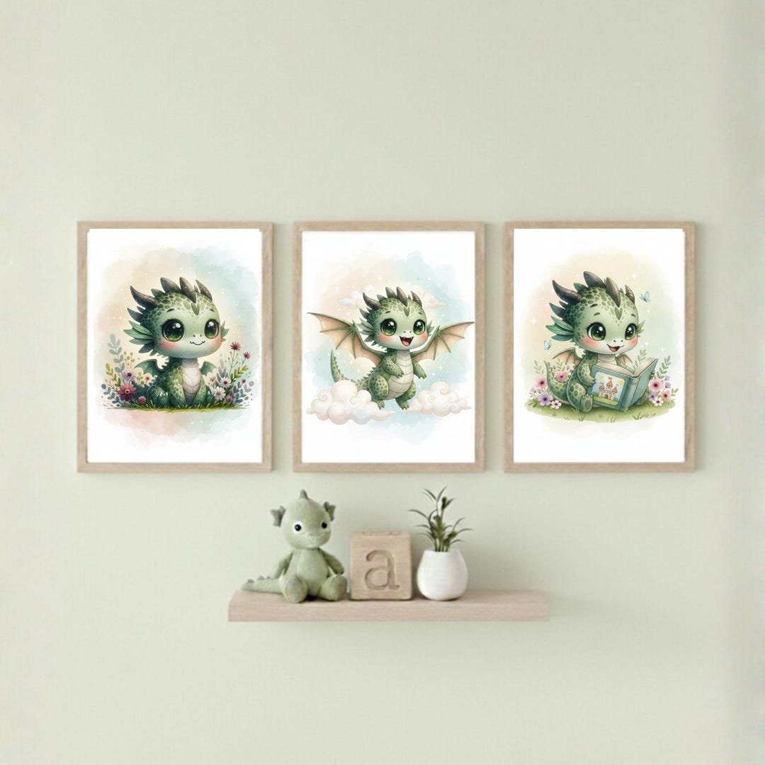 Baby Dragon Nursery Wall Art Set Whimsical Kids Room Print Green Dragon ...