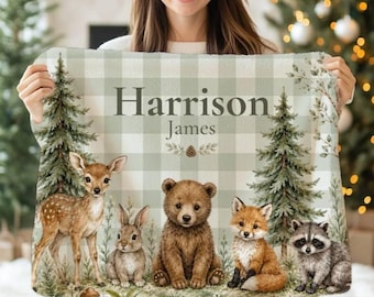 Baby Blanket Personalized Boy for Baby Shower Gift Woodland Nursery Animal Soft Bedding Girls Boys Custom Name Blanket Forest Bear Dear