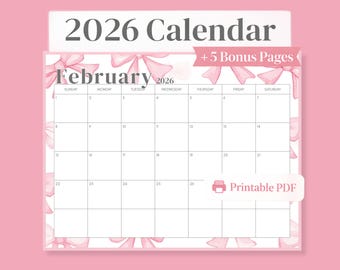 Druckbarer Rosa Kalender Rosa Schleifenplaner Druckbarer Planer Monatskalender Pdf Download Digital 2026 Letter Size Querformat Coquette Bögen