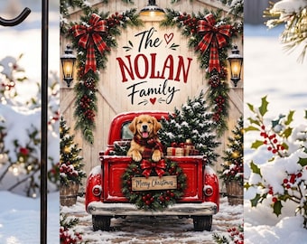 Holiday Garden Flag with Golden Retriever Gift for Dog Lovers and Vintage Truck Personalized Christmas Flag with Last Name Sign Porch Decor