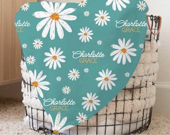 Personalized Daisy Blanket for Baby Girl Baby Shower Gift Custom Monogram Name Birthday Present for Granddaughter Floral Nursery Bedding