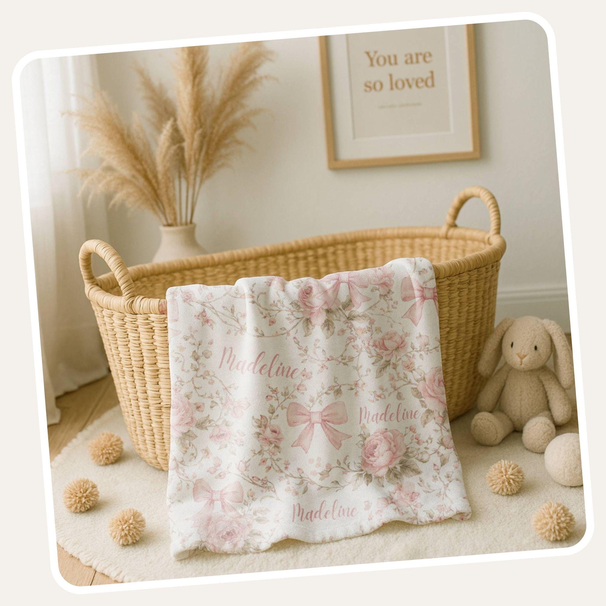 Pink Coquette Bow Floral Toile Baby Blanket Personalized Newborn Name ...