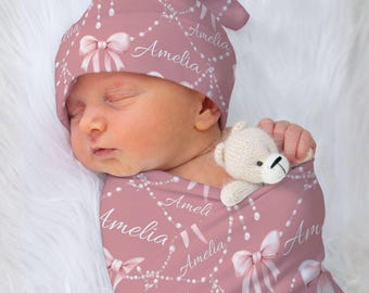 Pink Coquette Bow Floral Swaddle Bow Set Hat Headband Personalized Newborn Name Wrap Baby Girl Heirloom Custom Baby Shower Gift