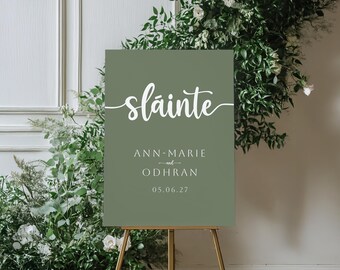 Iers trouwbord Sláinte | Steengroene poster receptie drankjes | Aangepaste digitale download met namen en datum | Moderne print voor thuis