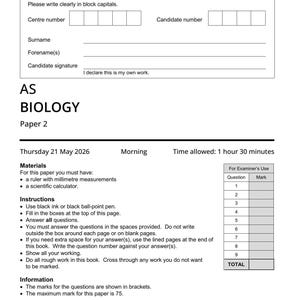 Op de afbeelding: Een wit AQA AS Biology Paper 2 examendocument met zwarte tekst. Het bevat velden voor het centrum- en kandidaatnummer, achternaam, voornaam en handtekening. Het bevat instructies, benodigdheden en een tabel voor de examinator met een totaal van 75.