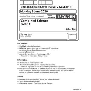 Könnte beinhalten: Ein Pearson Edexcel Level 1/Level 2 GCSE Combined Science Paper 4 Prüfungsdokument vom Montag, den 8. Juni 2026. Das Dokument enthält Felder für Kandidateninformationen, die Referenz 1SC0/2BH, Anweisungen, Informationen und Ratschläge.