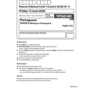 Op de afbeelding: Een zwart-wit Pearson Edexcel Level 1/Level 2 GCSE Portugees examen van vrijdag 12 juni 2026. Het document bevat velden voor kandidaatgegevens, referentienummer 1PG0/4H, instructies, informatie en advies voor de examenkandidaat.
