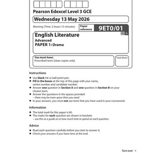 EDEXCEL 2026 (9ET0/01) Level 3 English Literature A-Level Paper 1: Drama — QP & MS
