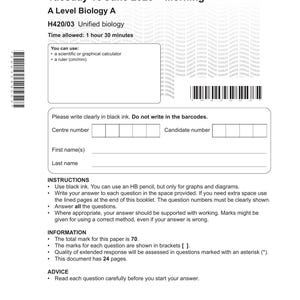 Puede incluir: Un examen de A Level Biology A de Cambridge OCR con fecha del martes 16 de junio de 2026. El documento blanco incluye secciones para datos del candidato, instrucciones, información y consejos, con códigos de barras y una nota total de 70.