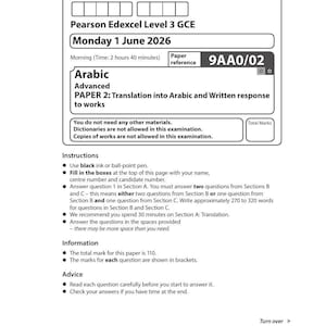 Puede incluir: Un examen Pearson Edexcel Level 3 GCE de árabe, con fecha del lunes 1 de junio de 2026, referencia 9AA0/02. El documento incluye campos para los datos del candidato, instrucciones para un examen de 2 horas y 40 minutos y la puntuación total.