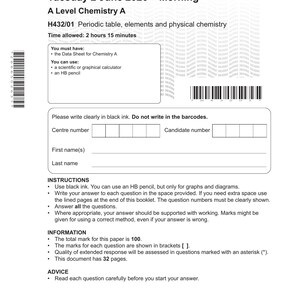 Könnte beinhalten: Eine Cambridge OCR A Level Chemie A Prüfungsarbeit vom Dienstag, den 2. Juni 2026. Das Dokument enthält Anweisungen, Felder für Kandidateninformationen, Barcodes und den Titel H432/01 Periodic table, elements and physical chemistry.