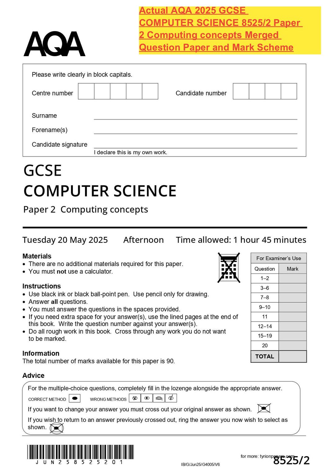 Actual AQA 2025 GCSE Computer Science 8525/2 Paper 2 Computing Concepts ...