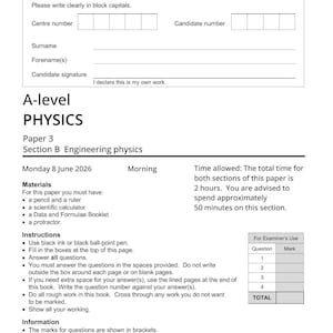 Może przedstawiać: Biały arkusz egzaminacyjny AQA A-level Physics Paper 3 dla sekcji B Engineering physics, datowany na poniedziałek 8 czerwca 2026 r. Strona zawiera pola na dane kandydata, instrukcje, materiały oraz tabelę do użytku egzaminatora z kodem kreskowym.