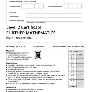 May include: A white AQA Level 2 Certificate Further Mathematics Paper 1 Non-Calculator exam paper dated Monday 8 June 2026. The document includes fields for candidate details, instructions, a table for examiner marks, and a barcode at the bottom.
