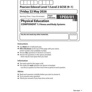 Pode incluir: Uma prova de educação física Pearson Edexcel Level 1/Level 2 GCSE de sexta-feira, 22 de maio de 2026. O documento inclui campos para dados do candidato, instruções, informações e conselhos, com um código de barras e referência P82443A.