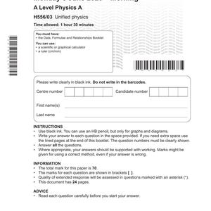 Puede incluir: Un examen de física A Level de Cambridge OCR con fecha del lunes 8 de junio de 2026. El documento blanco incluye secciones para datos del candidato, instrucciones e información, con códigos de barras, un logotipo y texto en tinta negra.