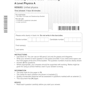 Könnte beinhalten: Eine weiße A-Level-Physik-A-Prüfung von Cambridge OCR vom Montag, den 8. Juni 2026. Das Dokument enthält Abschnitte für Kandidatendaten, Anweisungen und Informationen sowie Barcodes, ein Logo und Text in schwarzer Tinte.