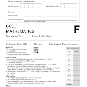 May include: A white AQA GCSE Mathematics Foundation Tier Paper 2 Calculator exam paper with black text. It includes fields for centre and candidate numbers, a signature line, instructions, information, advice, and a table for examiner use.