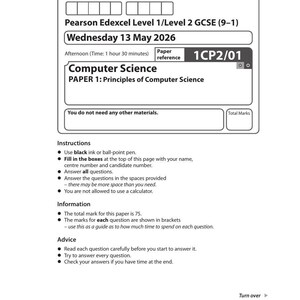 Può includere: Un foglio d'esame Pearson Edexcel Level 1/Level 2 GCSE Computer Science datato mercoledì 13 maggio 2026. Il documento include campi per i dettagli del candidato, il riferimento 1CP2/01, istruzioni, informazioni e sezioni di consiglio.