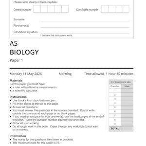 Può includere: Un documento d'esame AQA AS Biology Paper 1 in bianco e nero datato lunedì 11 maggio 2026. Include campi per i dati del candidato, istruzioni per l'uso di inchiostro nero, materiali richiesti e una tabella per i voti dell'esaminatore fino a 75.