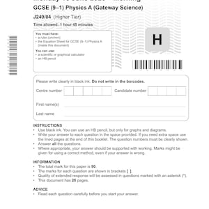 Könnte beinhalten: Eine weiße Cambridge OCR GCSE Physik A Prüfungsarbeit vom Montag, den 15. Juni 2026. Das Dokument enthält Anweisungen, einen Abschnitt für Kandidateninformationen mit Feldern für Name und Nummer, Barcodes und umfasst 28 Seiten.
