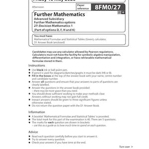 Peut inclure: Un sujet d'examen Pearson Edexcel Level 3 GCE pour les mathématiques approfondies, daté du vendredi 15 mai 2026. Le document, référencé 8FM0/27, porte sur les mathématiques décisionnelles 1 et contient des instructions et des conseils.