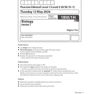 May include: A Pearson Edexcel Level 1/Level 2 GCSE Biology Paper 1 examination document dated Tuesday 12 May 2026. The white paper features black text, boxes for candidate information, instructions, information, advice, and a barcode at the bottom.