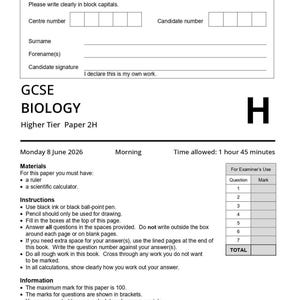 May include: A black and white AQA GCSE Biology Higher Tier Paper 2H exam cover sheet. It includes fields for centre and candidate numbers, name, signature, date of Monday 8 June 2026, instructions, materials, a mark table, and a barcode at the bottom.