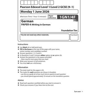 Könnte beinhalten: Ein schwarz-weißes Pearson Edexcel Level 1/Level 2 GCSE Deutsch-Prüfungsblatt für Montag, den 1. Juni 2026, Foundation Tier, Paper 4: Writing in German, Referenz 1GN1/4F, inklusive Anweisungen, Informationen, Ratschlägen und einem Strichcode unten.