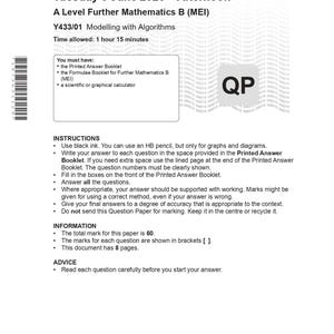 Peut inclure: Un sujet d'examen blanc intitulé "OCR 2025 GCE Further Mathematics B MEI Y433/01: Modélisation avec algorithmes A Level Merged Question Paper and Mark Scheme". Contient des instructions et des informations.
