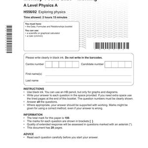 Puede incluir: Un examen de A Level Physics A de Cambridge OCR con fecha del lunes 1 de junio de 2026. El documento incluye instrucciones, campos para información del candidato, códigos de barras y el texto Exploring physics H556/02 con 28 páginas.