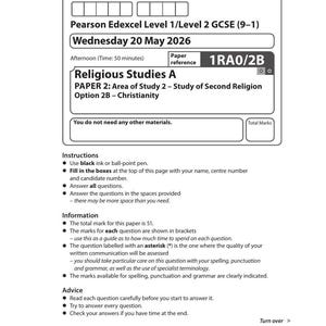 Könnte beinhalten: Eine Pearson Edexcel Level 1/Level 2 GCSE Religious Studies A Prüfungsarbeit vom Mittwoch, den 20. Mai 2026. Das Dokument enthält Felder für Kandidateninformationen, die Referenznummer 1RA0/2B, Anweisungen, Informationen und Ratschläge.