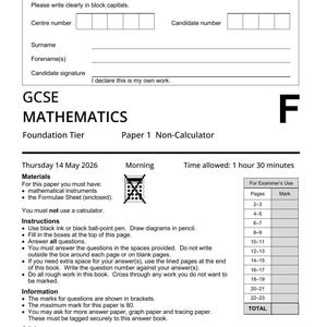 Könnte beinhalten: Ein schwarz-weißes AQA GCSE Mathematik Foundation Tier Paper 1 Prüfungsdokument. Die Seite enthält Felder für Kandidatendaten, Anweisungen für Schüler, eine Tabelle für Prüferbewertungen und einen Strichcode mit dem Code 8300/1F am unteren Rand.