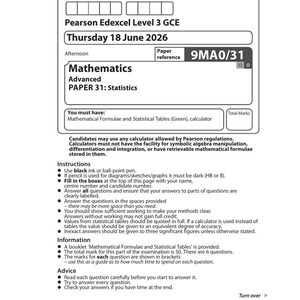 Könnte beinhalten: Ein Pearson Edexcel Level 3 GCE Mathematik Advanced Paper 31 Statistics Prüfungsblatt vom Donnerstag, 18. Juni 2026. Das Dokument enthält Felder für Kandidateninformationen, Anweisungen, Informationen, Ratschläge und einen Strichcode am unteren Rand.