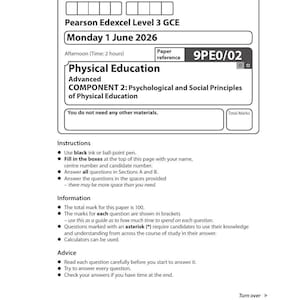 Peut inclure: Un sujet d'examen Pearson Edexcel Level 3 GCE d'éducation physique du lundi 1er juin 2026, composante 2 : principes psychologiques et sociaux de l'éducation physique, référence 9PE0/02, incluant des instructions, des informations et des conseils.