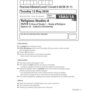 May include: A Pearson Edexcel Level 1/Level 2 GCSE Religious Studies A examination paper dated Tuesday 12 May 2026. The document includes fields for candidate details, paper reference 1RA0/1A, instructions, information, and advice for students.