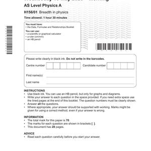 Könnte beinhalten: Eine Cambridge OCR AS Level Physik A Prüfungsarbeit vom Mittwoch, den 13. Mai 2026. Das Dokument enthält den Titel Breadth in physics, H156/01, Anweisungen für Kandidaten, leere Felder für persönliche Angaben und eine Gesamtpunktzahl von 70.