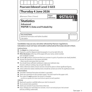 May include: A Pearson Edexcel Level 3 GCE Statistics examination paper dated Thursday 4 June 2026. The document includes fields for candidate details, paper reference 9ST0/01, instructions for candidates, and information regarding the 80 total marks.
