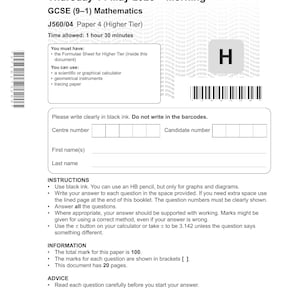 Puede incluir: Un examen de matemáticas GCSE de Cambridge OCR para el jueves 14 de mayo de 2026, Paper 4 Higher Tier. El documento incluye instrucciones, campos para información del candidato, códigos de barras y una puntuación total de 100 en 20 páginas.