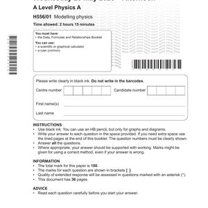 May include: A white A Level Physics A exam paper from Cambridge OCR dated Wednesday 20 May 2026. The document includes sections for candidate details, instructions, and information, featuring barcodes, a logo, and a 36-page total count.