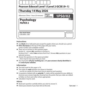 May include: A Pearson Edexcel Level 1/Level 2 GCSE Psychology Paper 2 examination paper dated Thursday 14 May 2026. The document includes fields for candidate details, instructions for students, information regarding marks, and a barcode at the bottom.