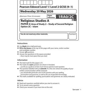 Peut inclure: Un examen Pearson Edexcel Level 1/Level 2 GCSE pour les études religieuses A, daté du mercredi 20 mai 2026. Le document blanc contient des champs pour les informations du candidat, la référence 1RA0/2C, des instructions et des conseils.