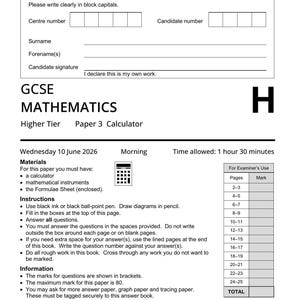 Puede incluir: Un examen de matemáticas AQA GCSE Higher Tier Paper 3 Calculator en blanco y negro. El documento incluye campos para datos del candidato, instrucciones, una tabla para notas del examinador y un código de barras con el código 8300/3H.