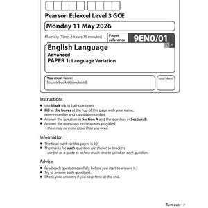 May include: A Pearson Edexcel Level 3 GCE English Language examination paper dated Monday 11 May 2026. The document includes fields for candidate details, paper reference 9EN0/01, instructions, information, advice, and a barcode at the bottom.