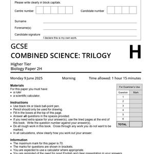 Puede incluir: Un examen de Biología GCSE Combined Science: Trilogy Paper 2H. El documento incluye secciones para la información del estudiante, instrucciones y un esquema de calificación. El examen está programado para el lunes 9 de junio de 2025 y dura 1 hora y 15 minutos.