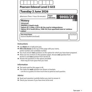 Könnte beinhalten: Eine schwarz-weiße Pearson Edexcel Level 3 GCE Geschichtsprüfung für Dienstag, den 2. Juni 2026. Das Dokument enthält Felder für Kandidatendaten, die Referenznummer 9HI0/2F, Anweisungen, Informationen, Ratschläge und einen Strichcode.