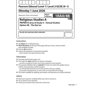 Peut inclure: Un sujet d'examen Pearson Edexcel GCSE niveau 1/niveau 2 pour Religious Studies A, Paper 4: Area of Study 4 – Textual Studies, Option 4B – The Qur'an, daté du lundi 1er juin 2026. Le document contient des cases d'identification, des instructions et des conseils.