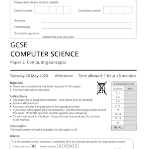Könnte beinhalten: Ein weißes GCSE-Computer Science-Examen von AQA mit dem Titel 'Paper 2 Computing concepts'. Das Papier enthält Anweisungen, Materialien und Ratschläge für die Prüfung mit insgesamt 90 Punkten.