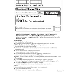 May include: A Pearson Edexcel Level 3 GCE Further Mathematics examination paper for Thursday 21 May 2026, labelled Paper 2: Core Pure Mathematics 2, reference 9FM0/02, featuring candidate information boxes, instructions, and a barcode at the bottom.